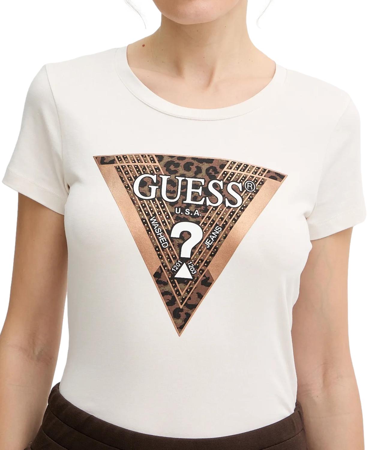 Guess T-shirt Ss Cn Leo Triangle Tee Beige Donna