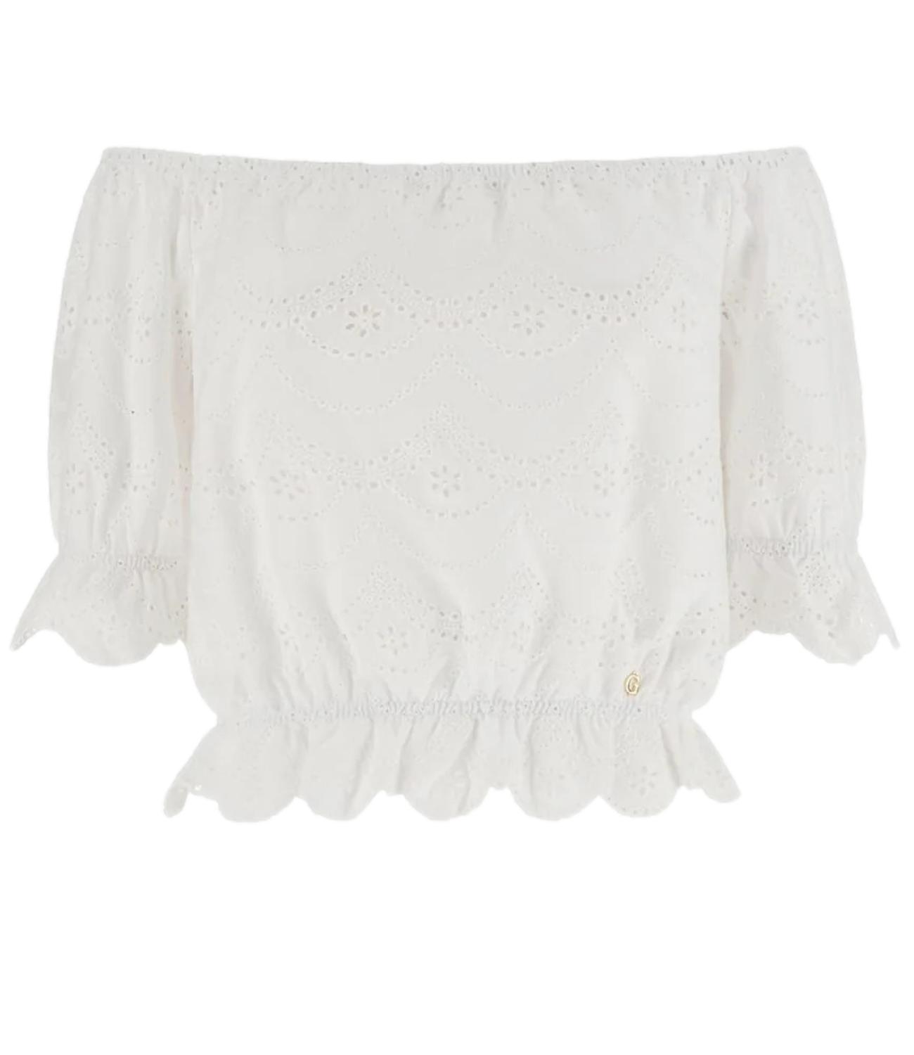 Guess Maglia Ss Shoulder Off Eyelets Embroi Pure White Donna