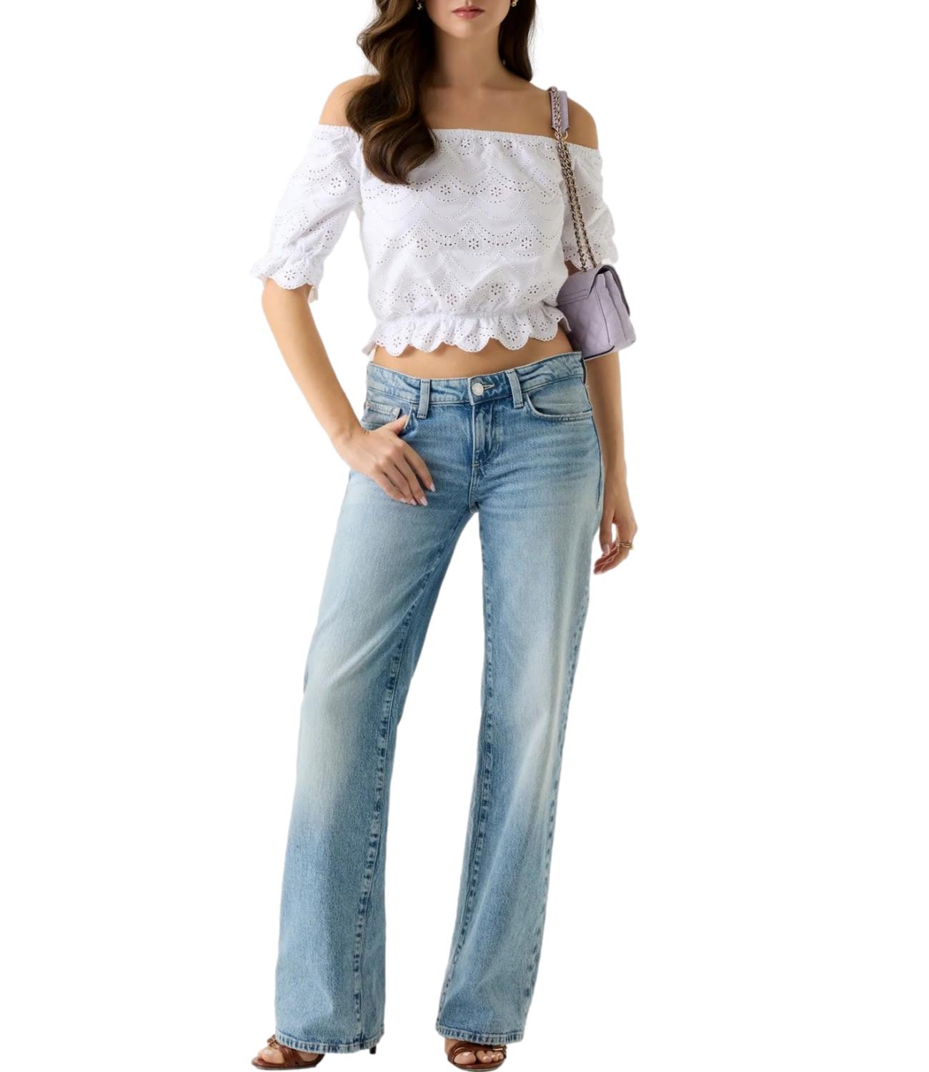Guess Maglia Ss Shoulder Off Eyelets Embroi Pure White Donna