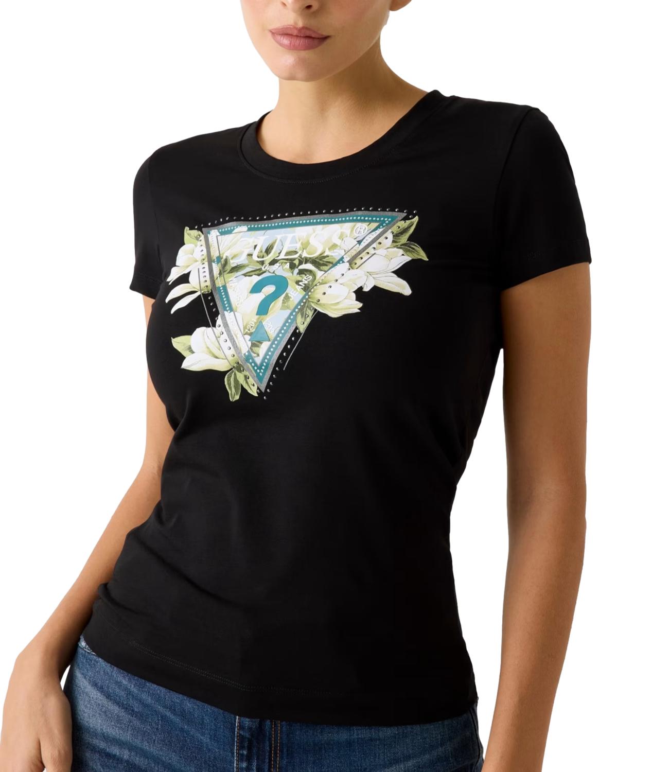 GUESS t-shirt Ss Cn Camelia Triangle Tee nera donna