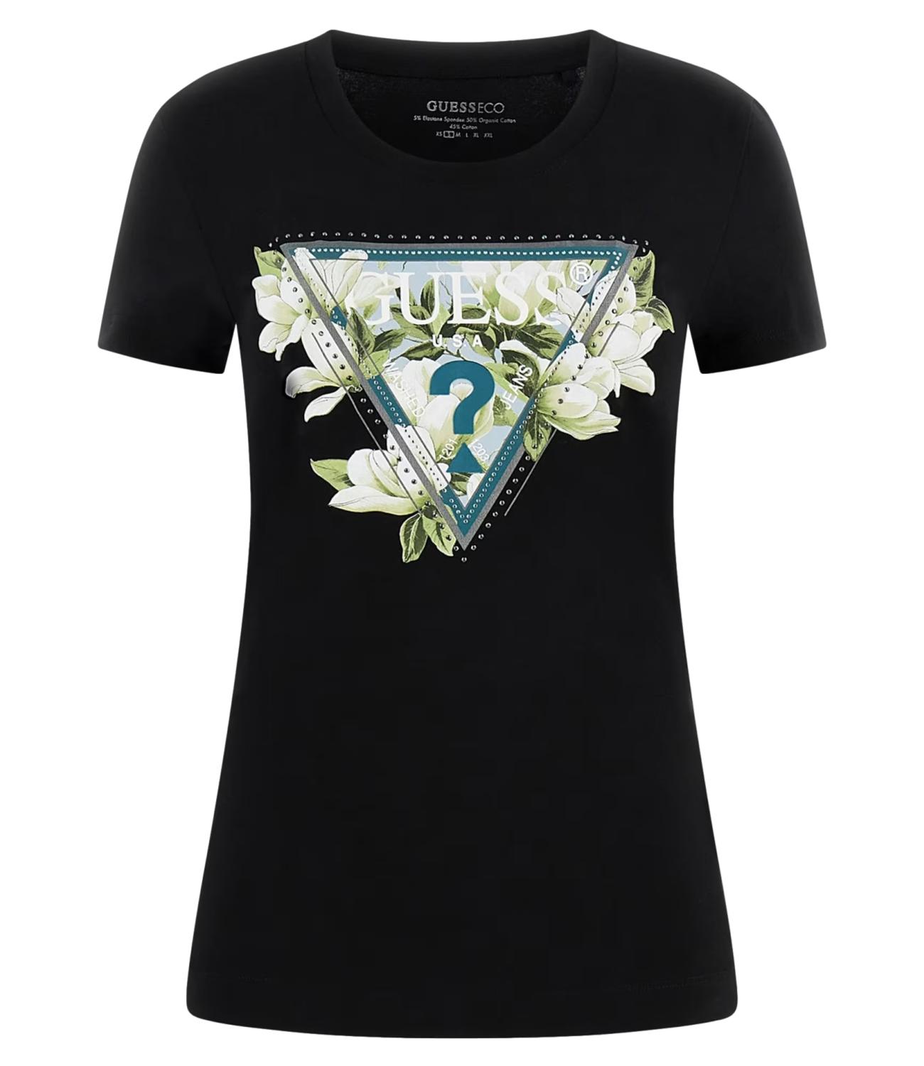 GUESS t-shirt Ss Cn Camelia Triangle Tee nera donna