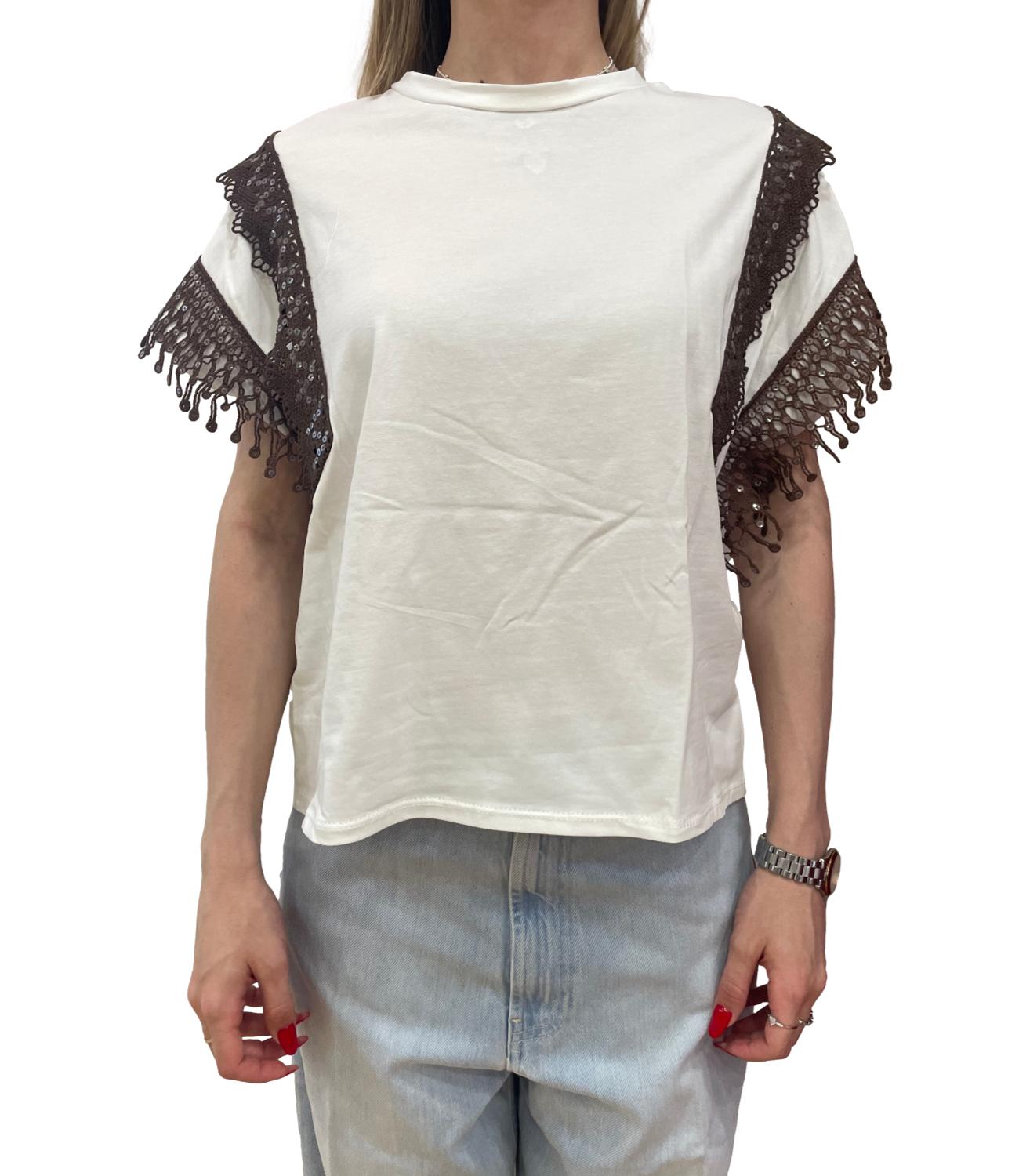 SUSY MIX t-shirt bianca con frangia moro donna