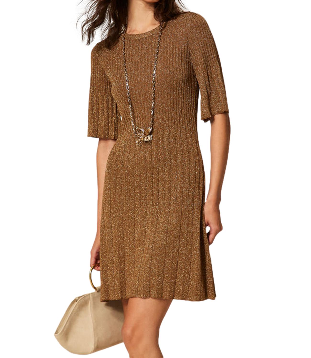 TWIN SET Abito Marrone "Bubinga Wood" Lurex Oro donna