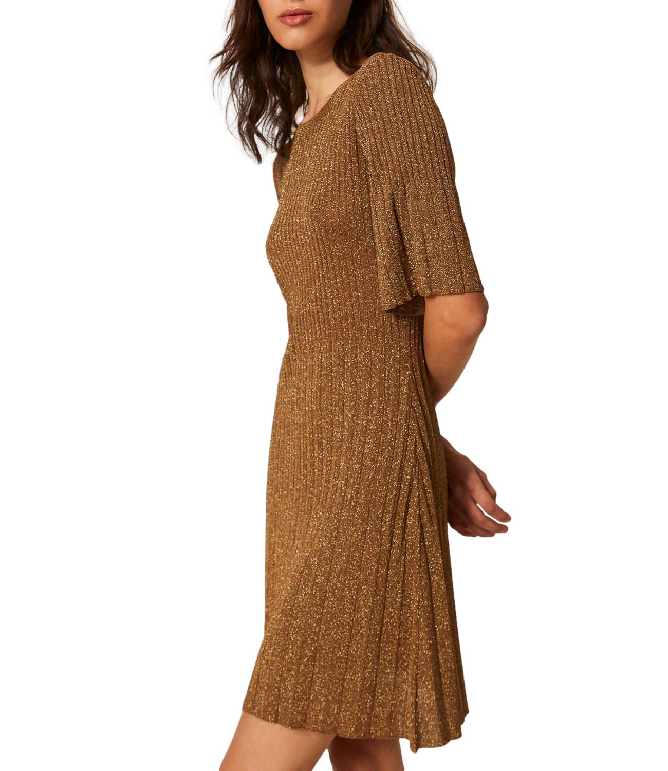 TWIN SET Abito Marrone "Bubinga Wood" Lurex Oro donna