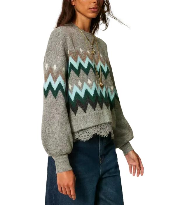 Actitude Twinset Maglia Jacq.grigio Medio Mel.smeraldo da Donna