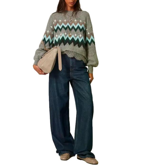 Actitude Twinset Maglia Jacq.grigio Medio Mel.smeraldo da Donna