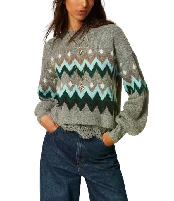 Actitude Twinset Maglia Jacq.grigio Medio Mel.smeraldo da Donna