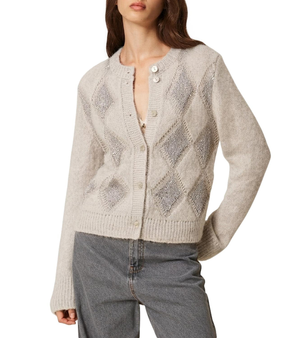 Twin Set Cardigan Grigio Chiaro Melange da Donna