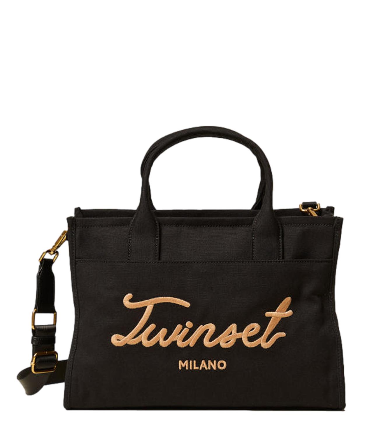 TWIN SET borsa Tote Grande In Tessuto Sue Manici C/Logo nera donna