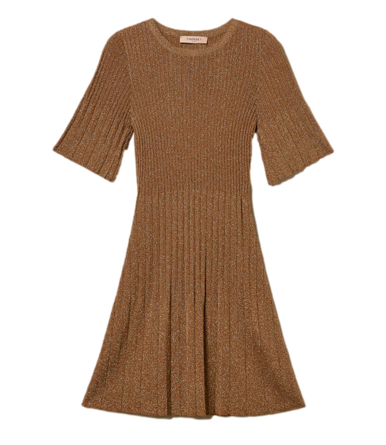 TWIN SET Abito Marrone "Bubinga Wood" Lurex Oro donna